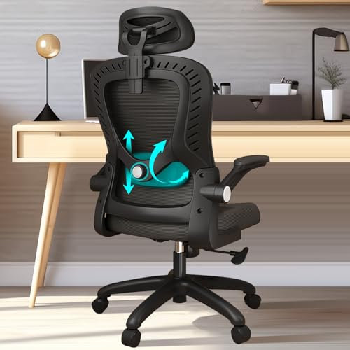 LEVIPE Silla de Oficina - Silla de Oficina Ergonómica con Soporte Lumbar, Reposabrazos, Reposacabezas Ajustable, Cómodo Respaldo Alto Silla de Ordenador Giratoria para el Hogar Oficina Negro