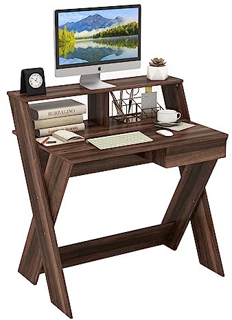 COSTWAY Bureau d'Ordinateur avec Tiroir, Bureau Informatique en Forme de X avec Support d'Écran, Repose-Pieds, Table de Bureau pour Étudier, Jouer, Travailler (Noyer)