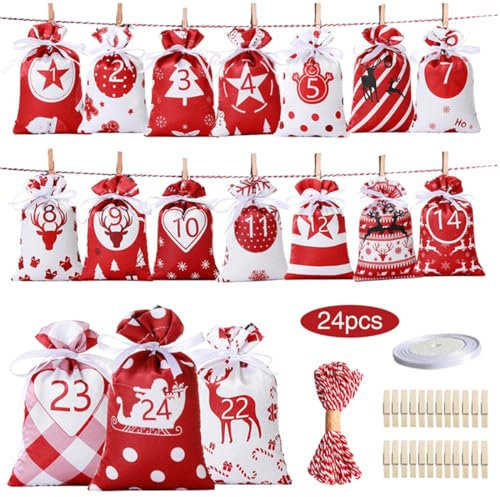 Weihnachts-Adventskalender-Tüten, 24 Tage Countdown Jutebeutel zum Aufhängen, Adventskalender, Geschenkgeschenke für Weihnachtsdekorationen (rot)