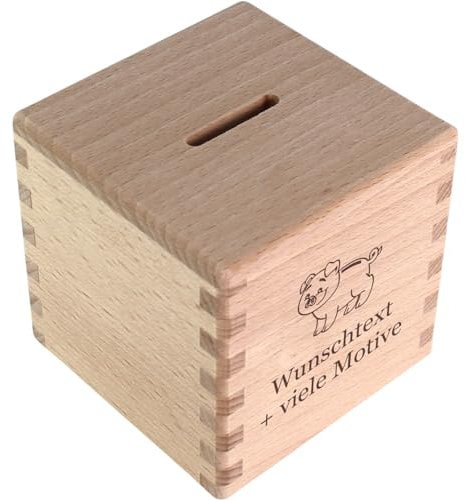 Sparwürfel mit Gravur - Name, Spruch + Motiv - personalisiertes Holz Geschenk, Sparbox, Trinkgeld Kasse, Sparschwein, Spardose, Geldbox zum Sparen, Geld Geschenkidee