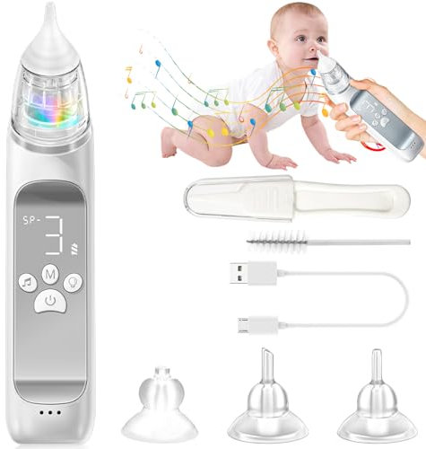 Nasensauger Baby, Victop Elektrischer Baby-Nasensauger mit einstellbarer 3-Stufen-Saugwirkung, wiederaufladbarer Booger-Sauger für Babys mit 8 Lichtmodi und 3 Kinderreimen