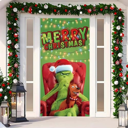 Molinter Weihnachten Türabdeckung Grinch Dekoration Weihnachtsmonster Hintergrund Banner Outdoor-Weihnachtsdekoration für Haustür (D)