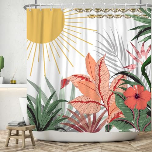 ASDCXZ Tenda da doccia con foglie boho 180 x 220 cm, moderna, astratta, arte verde, foglie, sole, fiori, bianco, bagno, lavabile, in poliestere, impermeabile, per vasca da bagno con 12 ganci