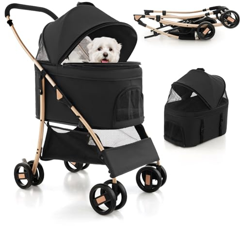 COSTWAY 3 in 1 Pet Stroller, Folding Dog Strollers with Detachable Car Seat Carrier, Adjustable Canopy, Storage Basket, 4 Wheels Travel Pushchair for Small Medium Dogs Cats (Black+Gold)