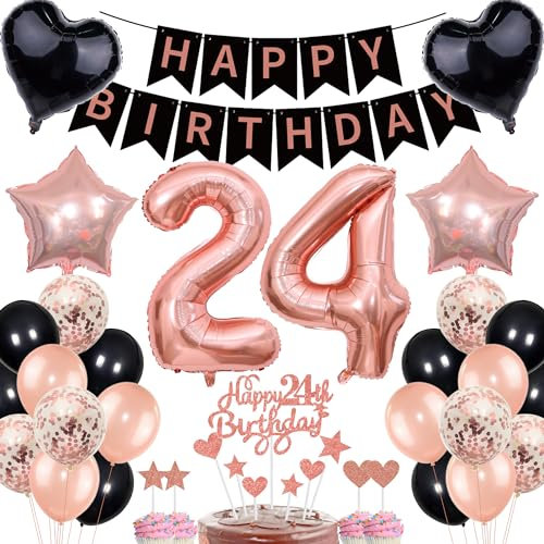 24th Birthday Decorations for Women - Rose Gold Black Cake Topper Set With Banner and Gift