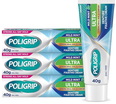 Poligrip Denture Adhesive Cream, False Teeth and Partials Fixative, Ultra, 40 g (Pack of 3)