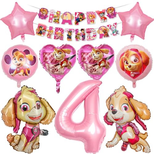 Hund Luftballon Geburtstag Deko 4 Jahre, Kinder Geburtstagsdeko Rosa, Dog Deko Kindergeburtstag für 4 Jahre Mädchen, Folienballons mit Happy Birthday Banner 4. Geburtstag Partydeko