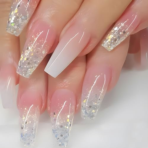 MrCuvaryas French Press On Nails Kurz, 24 Stück Nägel zum aufkleben Fake Nails, Glossy Kunstnägel Selbstklebende Nail tips Natural Acryl Künstliche Fingernägel für Nail Art (Pink Silver, 24 PCS)