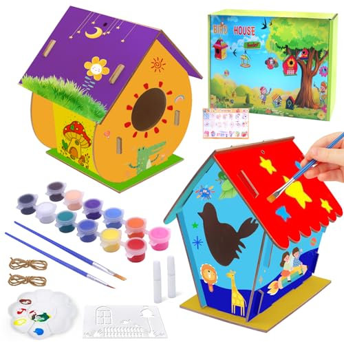 HOVIBU 2 Pièces Maison D'oiseau Bricolage Kit pour Enfants, DIY Mangeoire Oiseaux à Construire et Peindre, Cabane Oiseaux en Bois, Activite Manuelle Enfant, Cadeaux pour Garçons et Filles