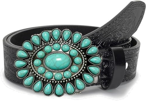 FGSS Western-Cowboy-Cowgirl-Ledergürtel für Damen und Herren, türkis, graviert, Taillengürtel mit Schnallen für Taille 71 cm - 99 cm, Schwarz , for 71CM-99CM Waist