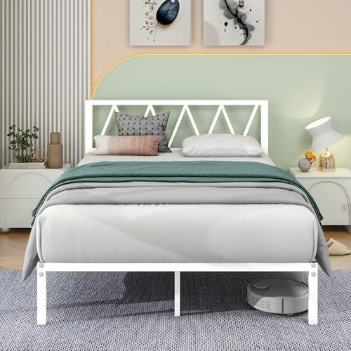 MOFLUT White Double Bed Frame with Headboard, Heavy Duty Metal Bed Frame Under Bed Storage, Easy Assembly, Double White