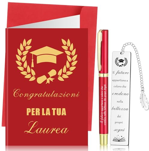 Clabby 3 Pezzi Set Regali di Laurea per Studente Segnalibro Metallo con Frasi Motivazionali Biglietto Congratulazioni Penna di Laureato Segnalibro in Acciaio Inox per Maestra Amica(Rosso)