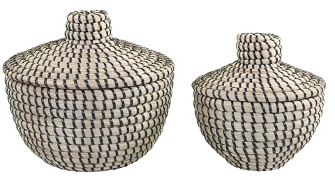 Korb-Set 2-teilig Aufbewahrungskorb mit Deckel aus Seegras, rund ø 20 x 18, ø 15 x 16 cm, schwarz/beige