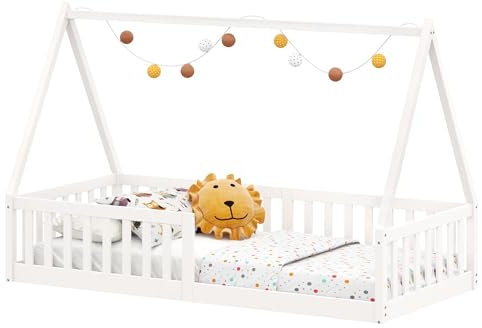 IDIMEX Hausbett Nicolas 90 x 200 cm weiß - bodentiefes Kinderbett inkl. beidseitigem Rausfallschutz, Montessori Bett aus Massivholz