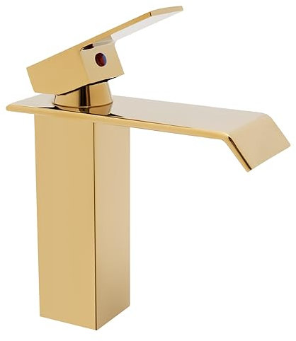 Waschtischarmatur Wasserfall im Bad, Mischbatterie für das Bad mit Wasserfall-Auslauf, Hochdruck-Waschtischarmatur, Einhandmischer Armatur Waschbecken mit Ausgießer Breite 60MM (Gold)