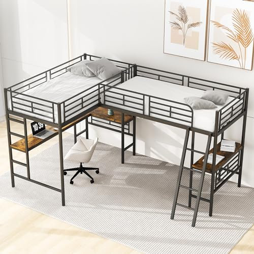 Arhatreya Hochbett 90x200 cm, Metallbett mit Doppeltreppe, Doppelbett mit Hohes Geländer, Jugendbett mit Tisch, Bett für Kinder Jugendliche Erwachsene, Schwarz (Ohne Matratze)