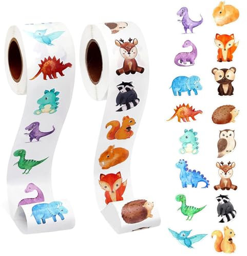 Onperpoe Tier & Dinosaurier Sticker Rolle Vinyl Cartoon Animal Motivationssticker für Klassenzimmer Geschenke Lehrer Eltern Belobigung Schüler (2 Rollen, 1000 Sticker)