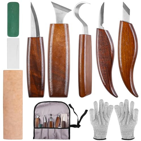 Holz-Schnitzwerkzeug Set, Schnitzmesser Set 10 Teiliges mit Schleifsteine und Schnittfeste Handschuhe, Professional Schnitzmesser-Set mit 5 Schnitzmessern für Anfänger und Profis