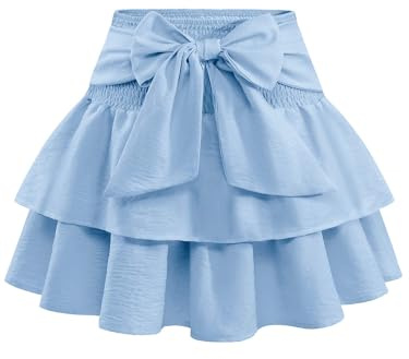 Timormode Women's Girls Bow Mini Skirt Flowy High Waisted Ruffle Hem Short Skirts Cute Boho Lightweight Layered Skater Skirt Perfect for Summer Beach TMS8005 Blue S