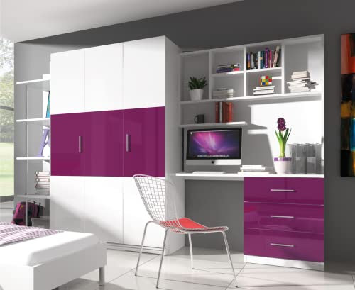 Kinderzimmermöbel-Set mit freistehendem Kleiderschrank, Schreibtisch, Bücherregal und Bücherregal, modernes Design für Jungen und Mädchen, EDEN 3A (Lila)