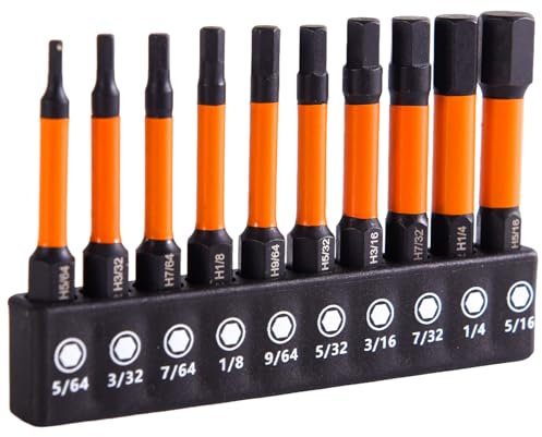 Juego de 10 brocas Allen de cabeza hexagonal de impacto (sistema británico), puntas mecanizadas CNC con magnetismo, puntas de destornillador de impacto S2 de acero de 50 mm de longitud, llave Allen