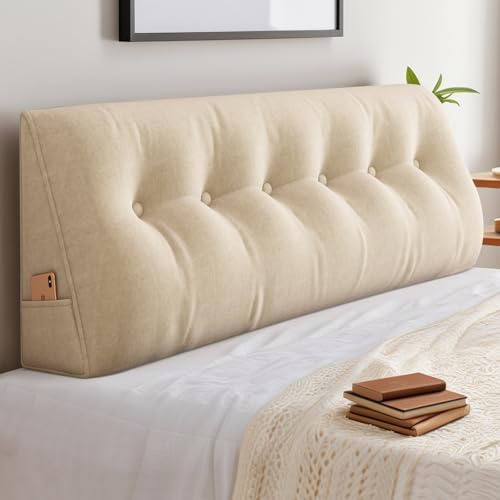ShowyLive Rückenkissen Lesekissen Bett Keilkissen Großes für Bett und Sofa 2 in 1, Rückenlehne und Kopfkissen mit Seitenfach, Bezug Abnehmbarem und Waschbarem (150 * 50 * 20cm, Beige)