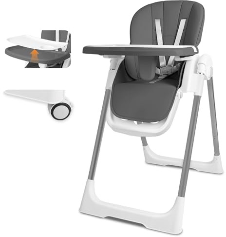 Hochstuhl Baby klappbar, Kinderstuhl Höhenverstellbar, Kinderhochstuhl mit Essbrett und Sicherheitsgurt, Babystuhl, Hochstuhl mit Neugeborenenaufsatz ab 6 Monaten bis 6 Jahre, Grau