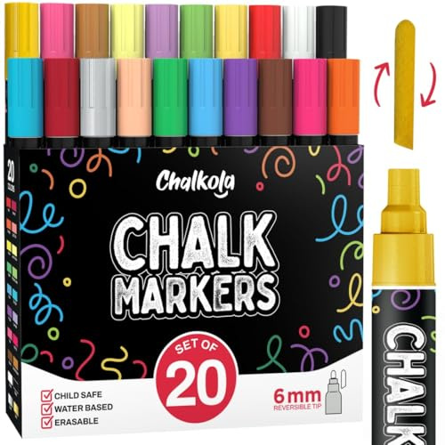 Chalkola 20 Kreidestifte für Tafel Abwaschbar – Kreidemarker für Fenster | 6mm Spitze – Neon, Pastell, Metallic, Chalk Marker fur Spiegel, Bistro & Auto – Tafelstifte & Glasstift Abwaschbar