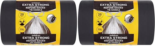 Polylina - Bin Bags Extra Strong, 75 Litre, 20 Premium Heavy Duty Tie Handle Black Bin Liners Refuse Sacks, Everyday Use, Household, Office & Kitchen Waste (Pack of 2)