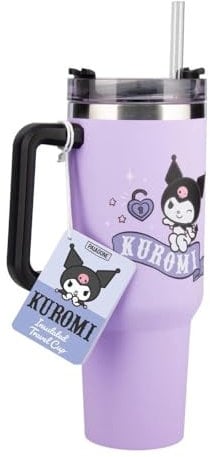 Paladone Kuromi - Vaso aislado morado de 900 ml y pajita, botella de vaso con licencia oficial de Sanrio Hello Kitty & Friends con asa para agua, té helado, café, linda cultura pop coleccionable para