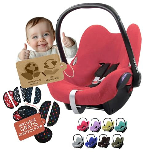 Frottee Sommerbezug [Schonbezug für Babyschale] Autositz kompatibel mit Maxi Cosi Cabrio Fix + GRATIS Gurtpolster (coral + GP)