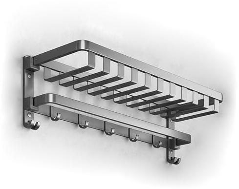 Lancher 24 inches Bathroom Shelf Tower Rack (No Drilling) Shower Rack with Towel Bar with Tower hooks Shower Caddy - Grey