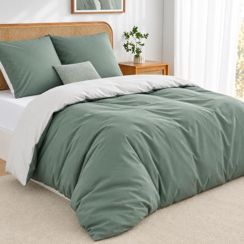 Duvetnova Bettwäsche 155x220 2teilig Salbeigrün/Weiß Bettwäsche-Sets Microfaser ÖKO-TEX Wendebettwäsche 155 x 220, weich & bügelfrei 1 Bettbezug 155x220 + 1 Kissenbezug 80x80cm mit Reißverschluss