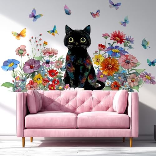 VePret Blumen Schwarze Katze Wandaufkleber Abziehbar Und Aufkleben, Bunte Florale Schmetterlinge Wandaufkleber & Wandgemälde, Entfernbare Home Decor Art Für Schlafenzimmer Wohnzimmer Klassenzimmer