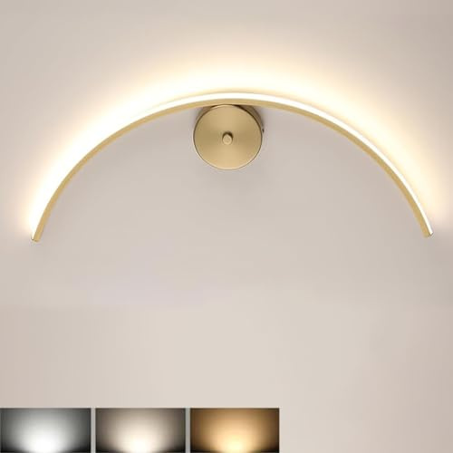 AoLa Wandleuchte Innen Bogen Gold, 58CM Halbrunde Wandlampe aus Aluminium, 12W LED 3 Farbtemperaturen 3000K/4000K/6000K, Moderne Design Wandbeleuchtung für Schlafzimmer, Wohnzimmer, Flur