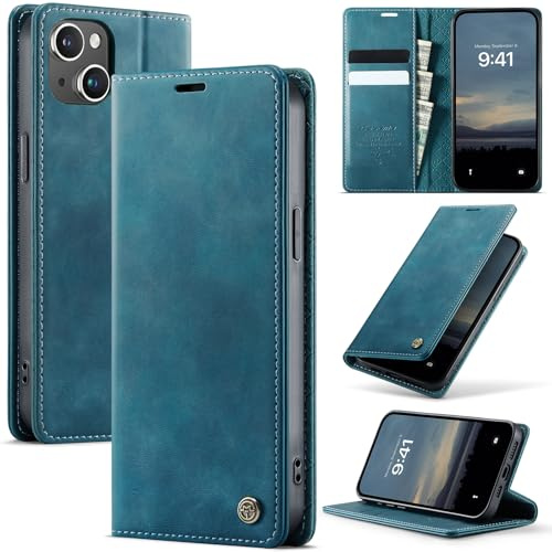 Cracedily Wallet Case for iPhone 14 Plus Leather Wallet Flip Cover with Card Holder, Kickstand, Magnetic Closure, RFID Blocking TPU Shockproof Phone Case Compatible with iPhone 14 Plus, Blue-Green