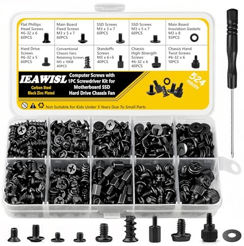 IEAWISL 524 PCS Computer Screws Standoffs, for DIY PC Bulid and Repair | Black Zinc Carbon Steel, For PC parts, motherboard, M.2 NVMe, HDD, Case, Fan, With screwdriver, Rust resistance, Labeled case