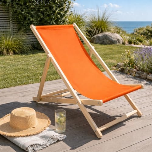 HAGO24 Strandliege Orange Sonnenliege Gartenliege Liegestuhl Klappstuhl Holz Kiefernholz Polyester 3fach verstellbar faltbar Balkon Terrasse 120kg
