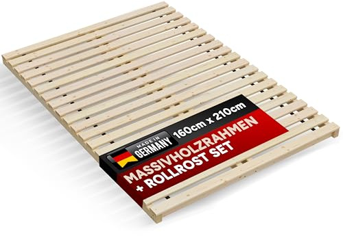 TUGA - Holztech Lattenrost 300Kg reines Naturprodukt unbehandelt bestehend aus Rollrost und passendem Rahmen als Palettenbett nutzbar (160 x 210 cm)