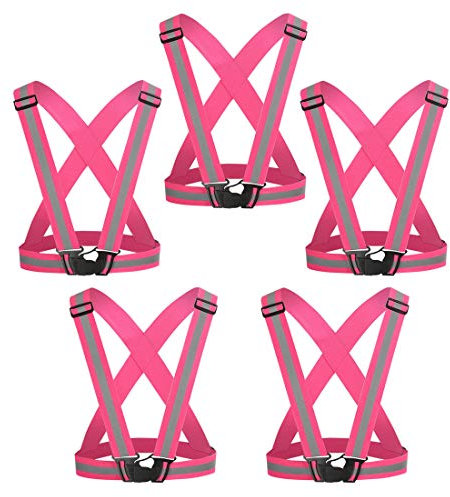 AIEOE Lot de 5 Gilet Réfléchissant Réglable Adulte Adolescent Sangle Gilet de Sécurité Vélo Moto Jogging Police Circulation Rose Fluo