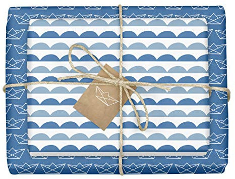 dabelino® 4x Geschenkpapier Papierboote zur Geburt, Taufe, Kommunion, Konfirmation: 4x Einzelbögen + 4x Geschenkanhänger (für Baby Jungen)