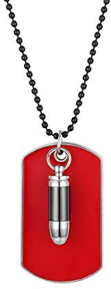 Flongo Herrenkette Männer Anhänger, Legierung Halskette Silber Schwarz Patrone Geschoß Gewehrkugel Kugel Erkennungsmarke Dog Tag Armee Stil Poliert Stammes Herren Accessoires Rot