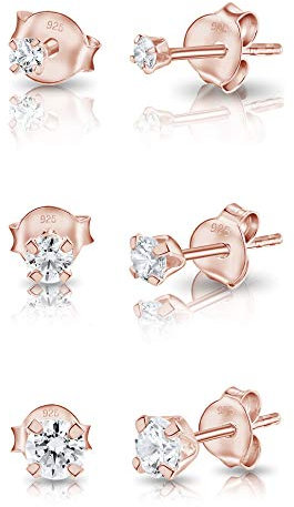 DTPsilver® Set da 3 Paia Orecchini Punto Luce Argento 925 Placcato Oro Rosa con Zirconi - Orecchini Brillantini Donna - Orecchini Uomo Diamante - Orecchini Piccoli - Orecchini Zirconi di 2, 3, 4 mm