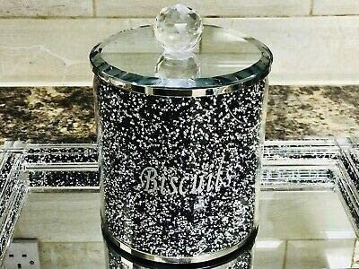 Glass Sparkle Ornament Bling Crushed Diamond Gift |Black Diamond Crushed Biscuit Canister Jar Tin Kitchen Storage Silver Trimmings Crystal Filled | Wedding Anniversary, Birthday Present, Home Decor