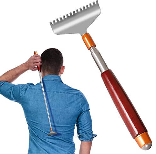 Azymi Rascador de espalda largo, Azymi Telescópico Rascador de espalda para hombres con mango de madera de 24 pulgadas, bola de rodillo, cabeza de acero ancha mejorada de 15 dientes