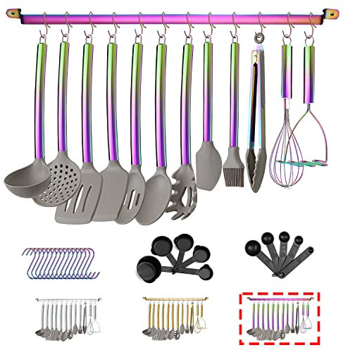 38 Pieza Juego De Utensilios De Cocina Con Rejilla Para Utensilios, Cabezal De Silicona Y Mango De Acero Inoxidable, De Cocina Para Juegos De Utensilios, Antiadherentes Utensilios De Cocina (ArcoIris)