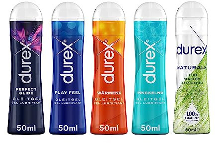 Durex Play Gleitgel Vielseitige Mixpackung für Frauen & Männer - Set mit Gleitmittel auf Wasser- & Silikonbasis - kondomgeeignet (5 x 50 ml)