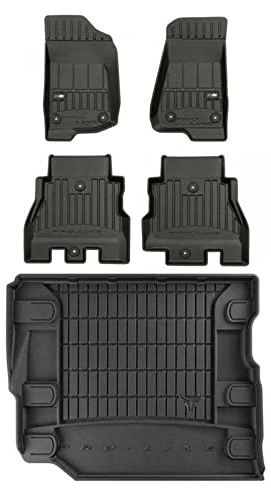 MOTOS Satz Gummifußmatten und Kofferraummatten passend für Jeep Wrangler IV ab 2017 4-türig, Rubicon, Unlimited, passt nicht für Hybrid (HEV), ohne verstellbare Rücksitze, mit Alpine-Subwoofer, Koffer