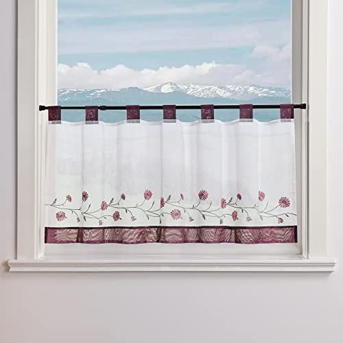 Delien Voile Scheibengardine Transparente Bistrogardinen Landhaus Kurz Vorhang Modern »Daisy« Kurzstores mit Blumenstickerei Küchengardinen mit Schlaufen BxH 140x60cm,Violett