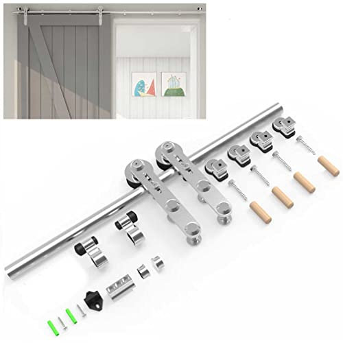 Schiebetürbeschlag Edelstahl 183cm Schiebetüren Schiebetürsystem Komplettset Laufschiene Rollen Set für 1 Holztür 91cm Breit, I Form